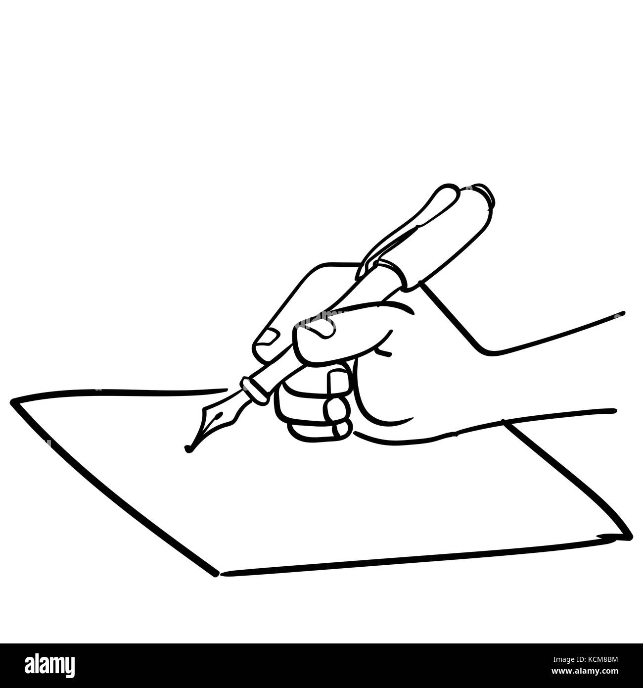 Cartoon hand Schreiben mit einem Stift in der Hand, Nahaufnahme einer Hand auf Papier - Hand gezeichnet Vector Illustration. Stock Vektor