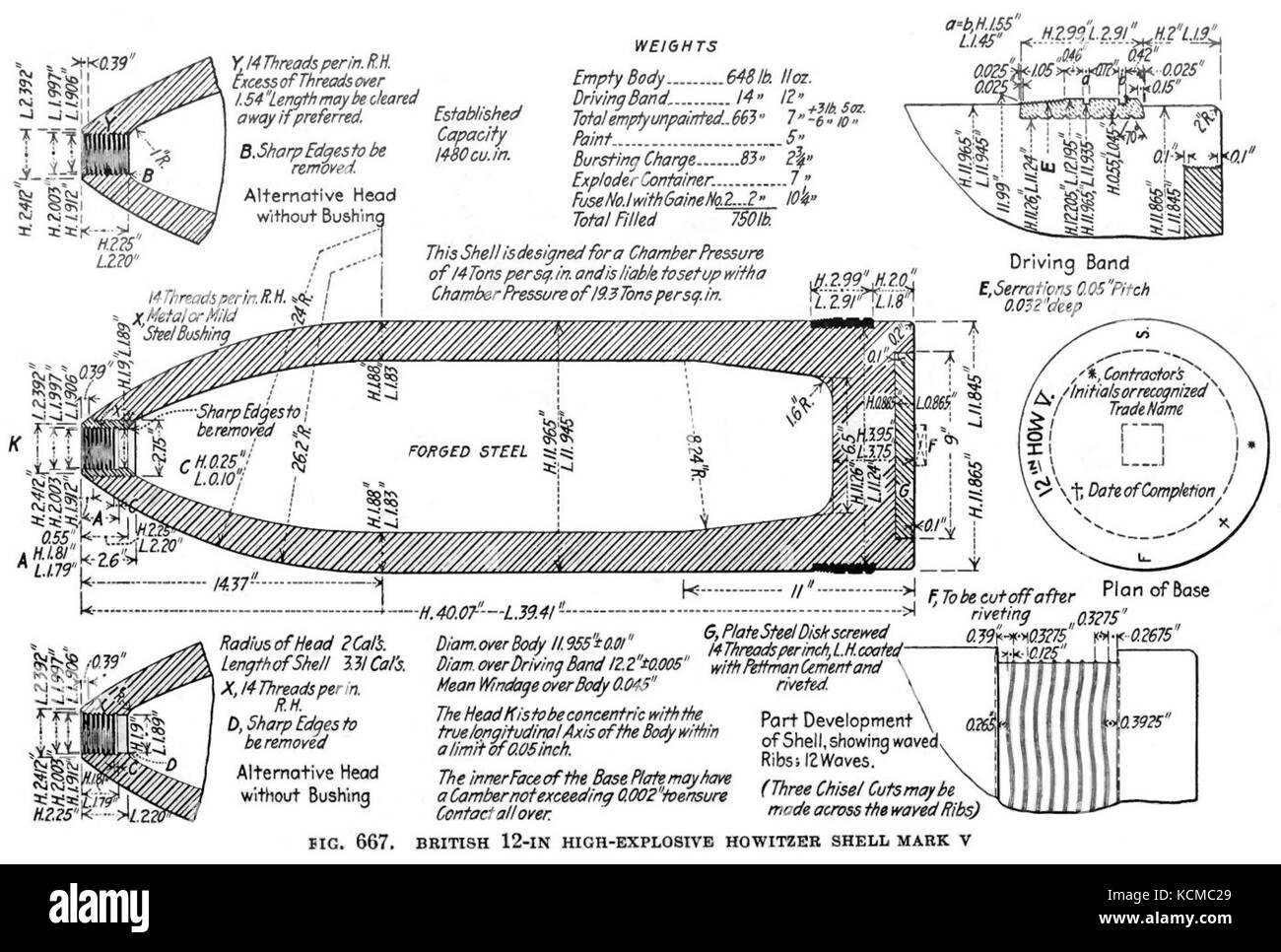 BL 12 cm Haubitze Shell Mk V-Diagramm Stockfoto
