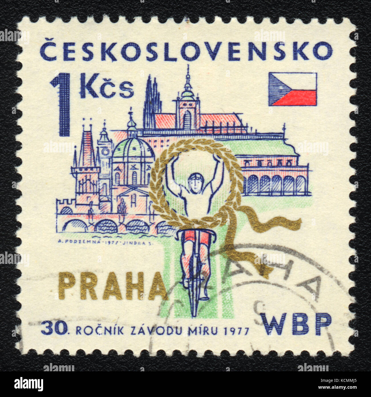 Eine Briefmarke in der Tschechoslowakei zeigt, Fahrrad, das in Prag gedruckt, ca. 1977 Stockfoto