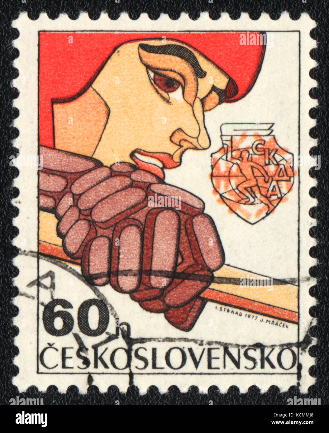 Eine Briefmarke in der Tschechoslowakei zeigt Hockey gedruckt, ca. 1977 Stockfoto
