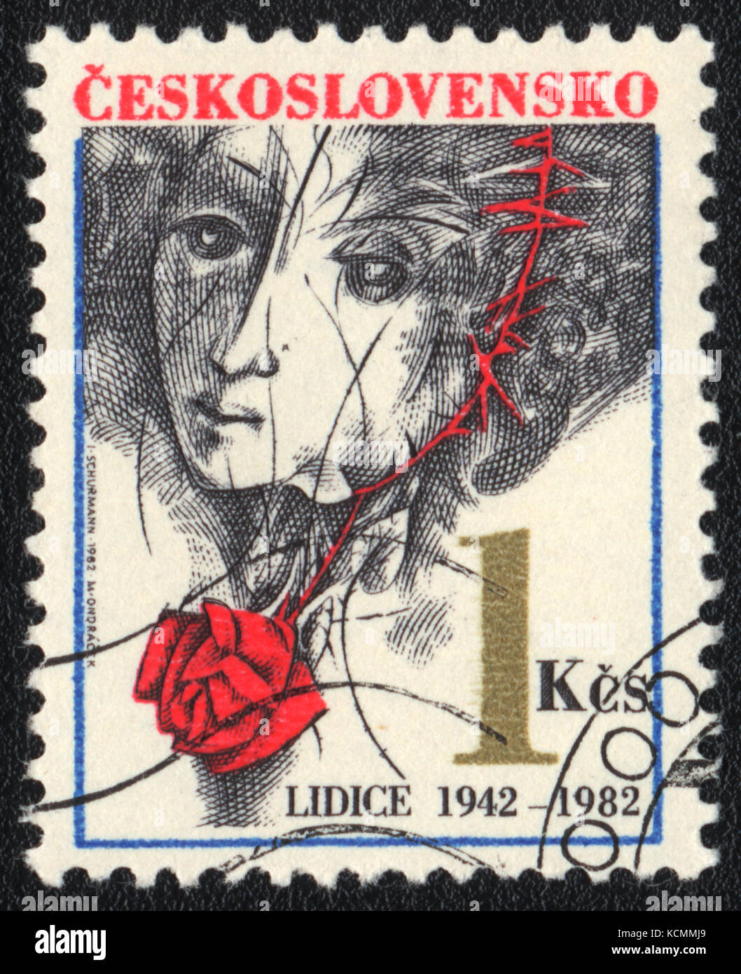 Eine Briefmarke in der Tschechoslowakei zeigt KZ-Gedenkstätte Lidice gedruckt, ca. 1982 Stockfoto