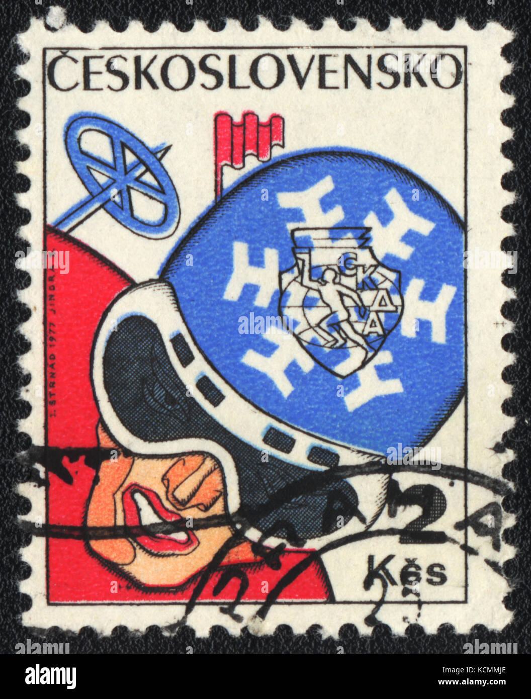 Eine Briefmarke in der Tschechoslowakei zeigt Speed Skiing gedruckt, ca. 1977 Stockfoto