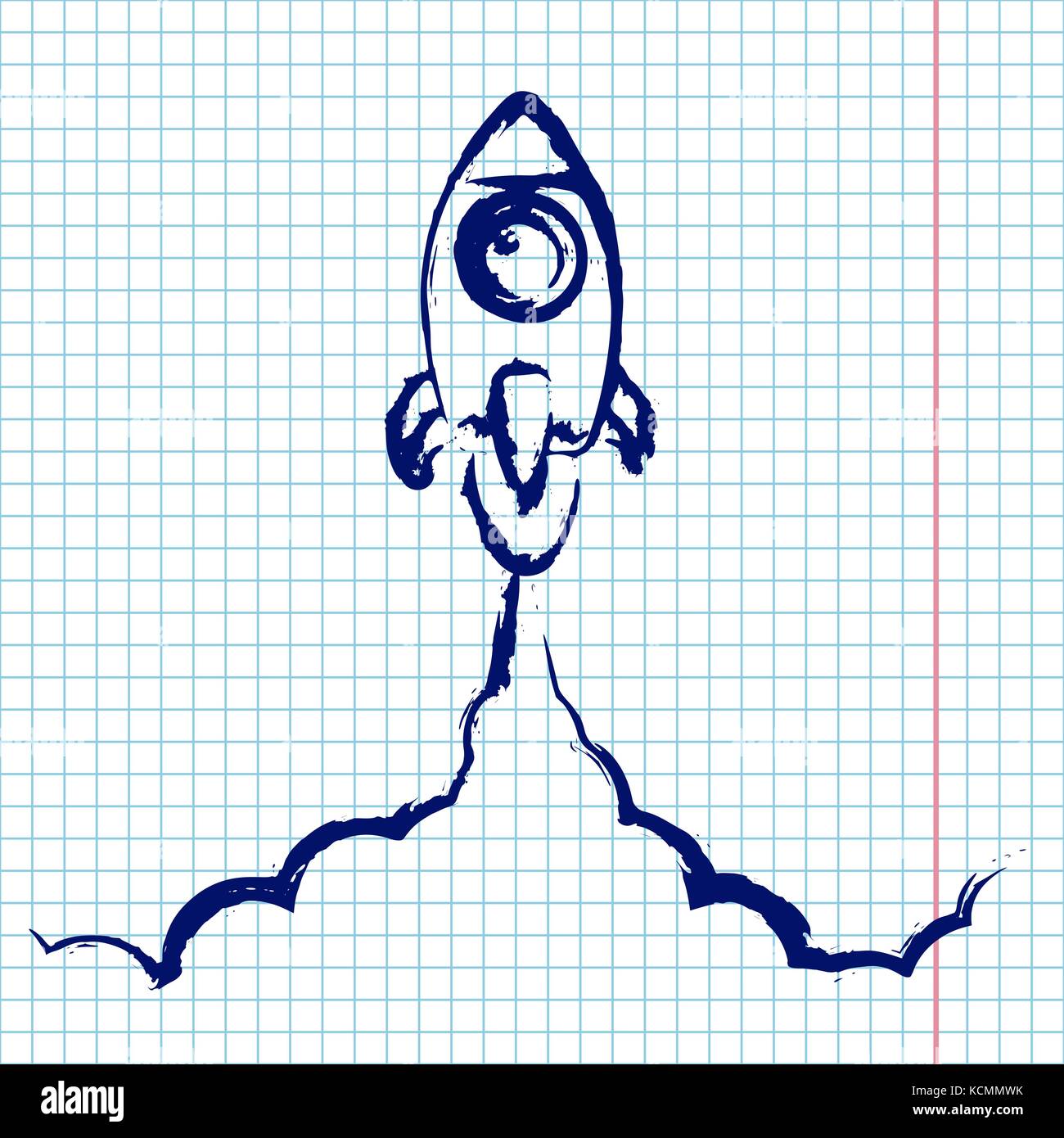 Hand zeichnen Kreide und Tinte Rocket Launch Flachbild-Symbol. Rakete Abbildung mit Wolken, Platz und starten Sie Feuer, doodle Tinte Kunst auf Notebook Papier Hintergrund. zurück zu Schule Abbildung Stock Vektor