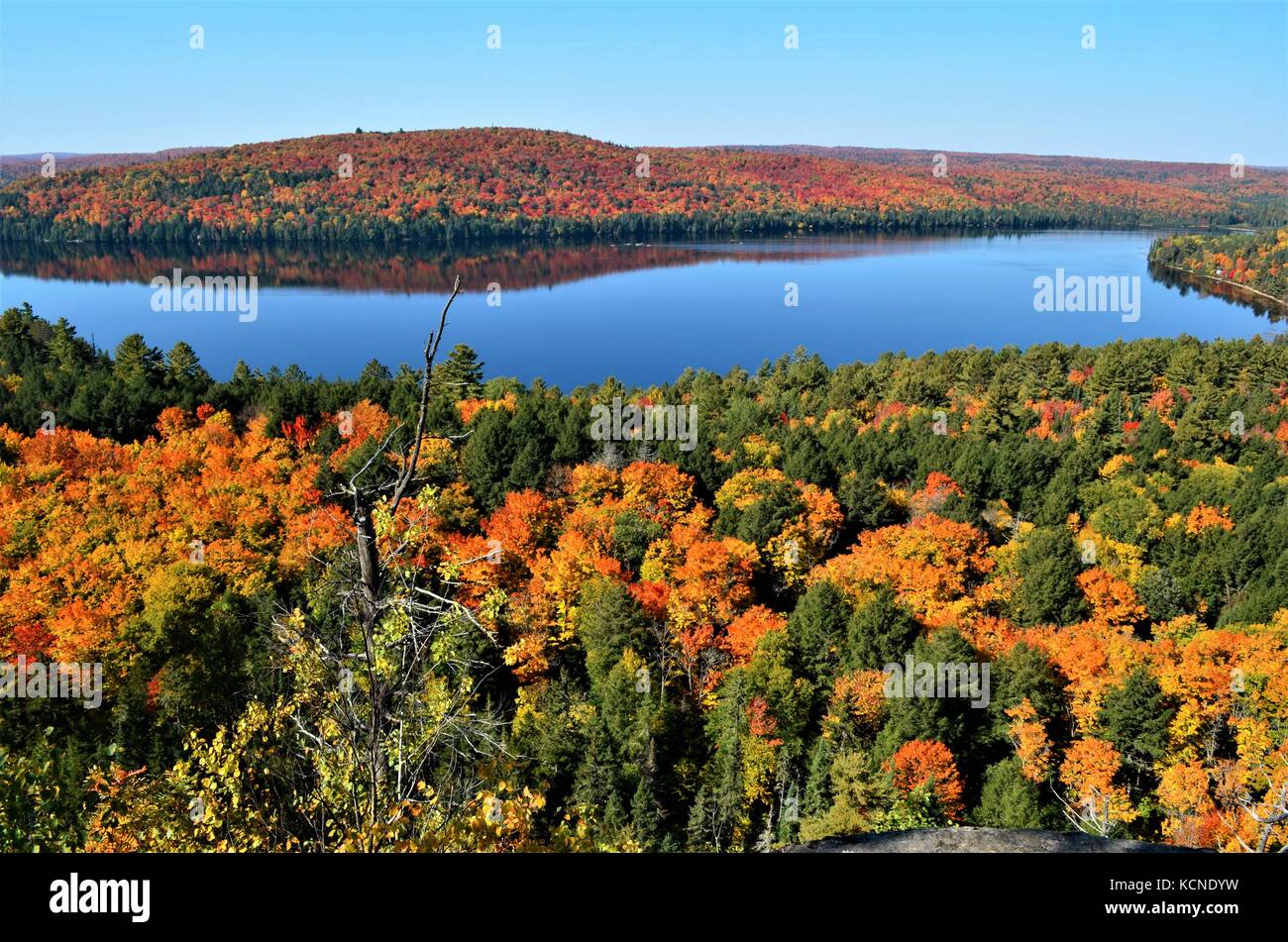 Der atemberaubende Blick auf Rock See in Algonquin Park mit ruhigem Wasser und Reflexionen der Bunte Herbst Laub von der Suche von Booth's Rock Trail Stockfoto