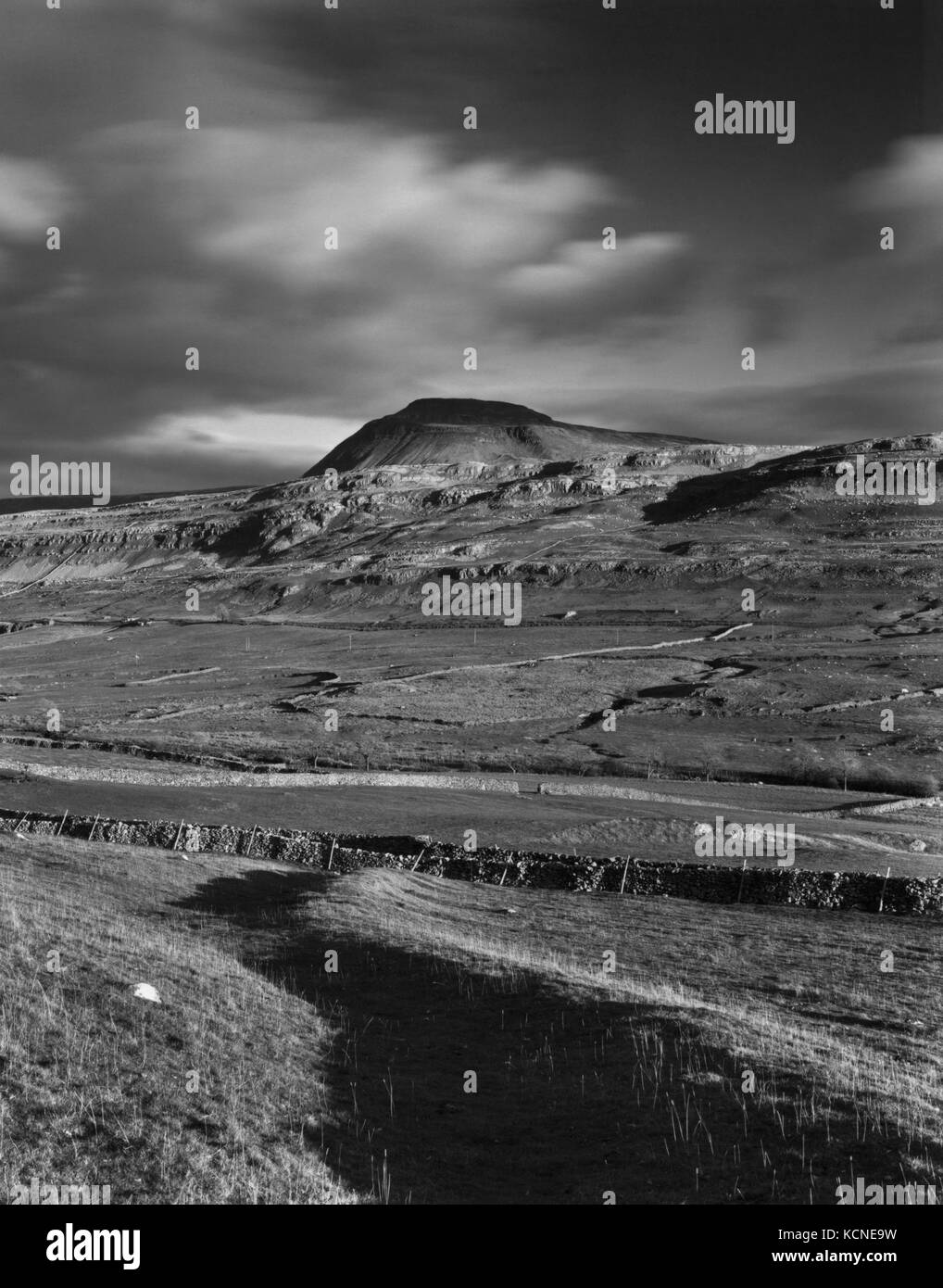 Blick ESE von Twisleton Narbe Ende über die Doe-Tal zu Ingleborough Hill, Yorks, England's höchste hillfort & Hochburg der Eisenzeit Briganten. Stockfoto