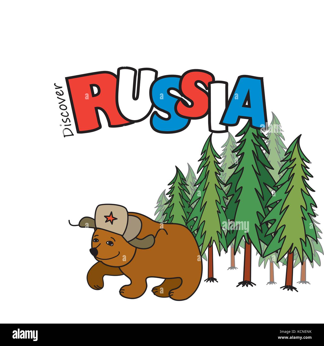 Russland. cartoon lächelnd ertragen in ein Cap mit Ohrenschützern, Pinienwald im Hintergrund. Vektor Stock Vektor