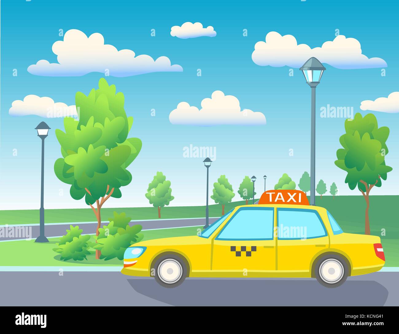 Gelbe Taxi Auto. Park mit Laternen, Bäume, Büsche und Gehweg mit Grenzen. Vector Illustration eps-8. Stock Vektor