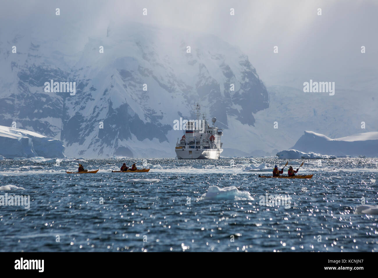 Kayaker Paddeln in Wilhelmina Bay als akademic vavilov bleibt auf Anker vor einem dramatischen Hintergrund, gerlache Strait, Antarktische Halbinsel Stockfoto