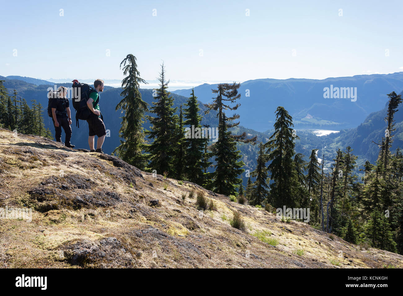 Zwei Wanderer halten an, um den Cruikshank Canyon zu besichtigen, den sie gerade auf dem Weg zum Lee Plateau, Vancouver Island, British Columbia, Kanada, bestiegen haben Stockfoto