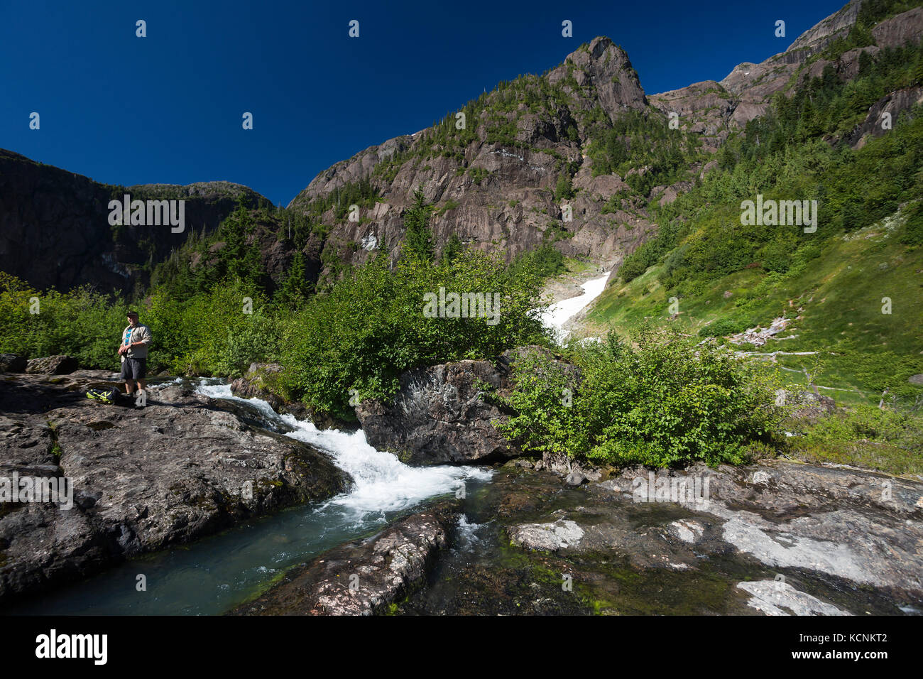 Ein Wanderer hält für eine Pause an einem Fluss in der Nähe von Jahrhundert sam See, Strathcona Park, Vancouver Island, British Columbia, Kanada Stockfoto