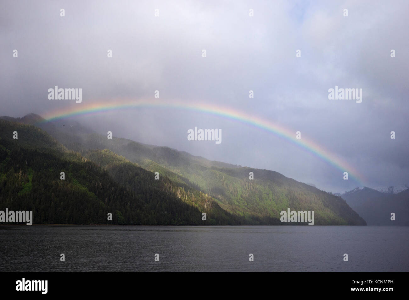 Regenbogen, das khutzeymateen Inlet, das khutzeymateen Grizzly Bär Heiligtum, British Columbia, Kanada. Stockfoto