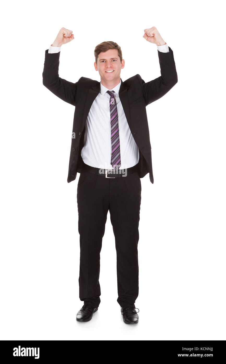 Portrait von glücklich, Geschäftsmann, Hand auf weißem Hintergrund Stockfoto
