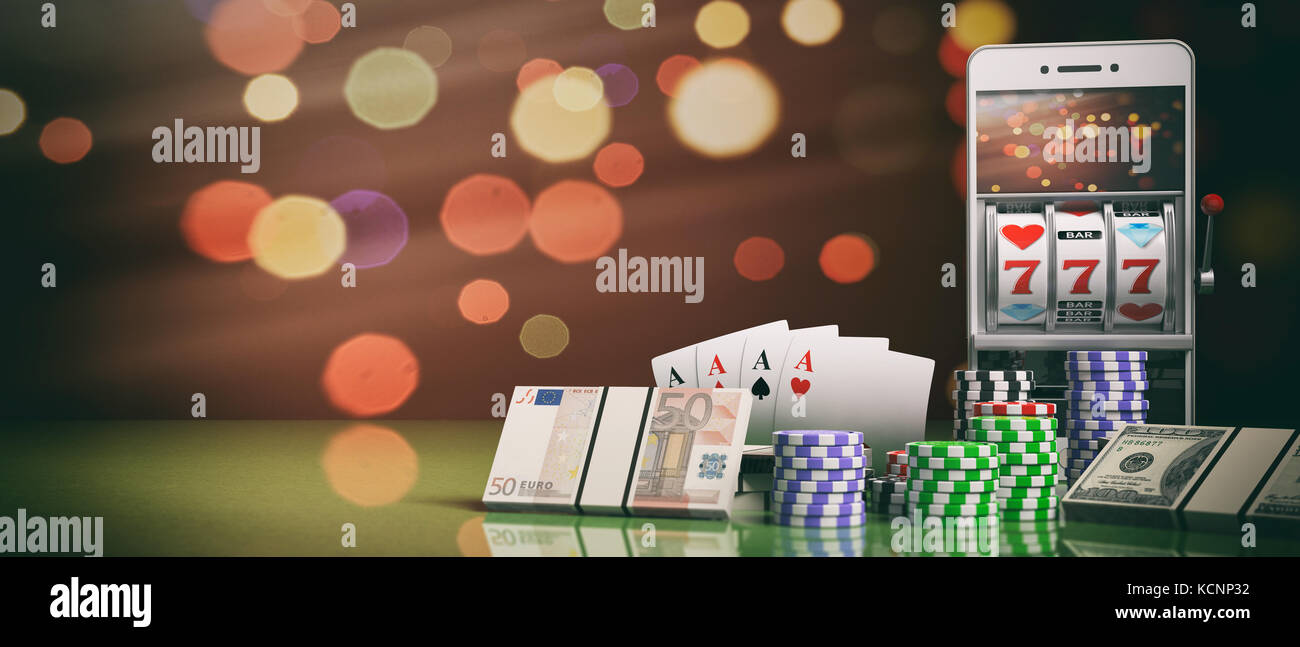 Online gambling Konzept. slot Maschine auf einem Bildschirm des Smartphones, poker chips, Karten und Geld. 3D-Darstellung Stockfoto