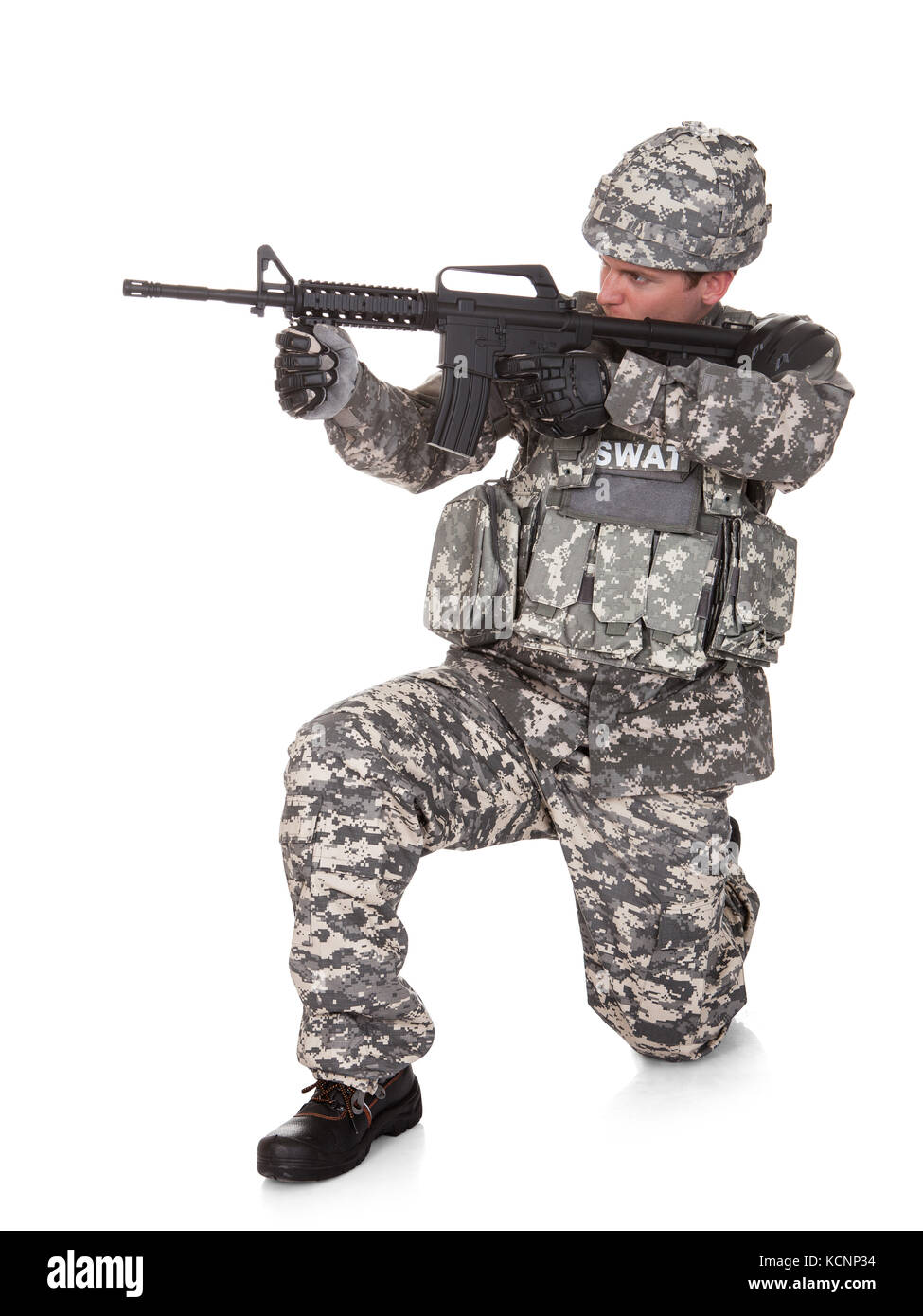 Nahaufnahme der Soldat mit dem Ziel, Richtung Isolated Over White Background Stockfoto