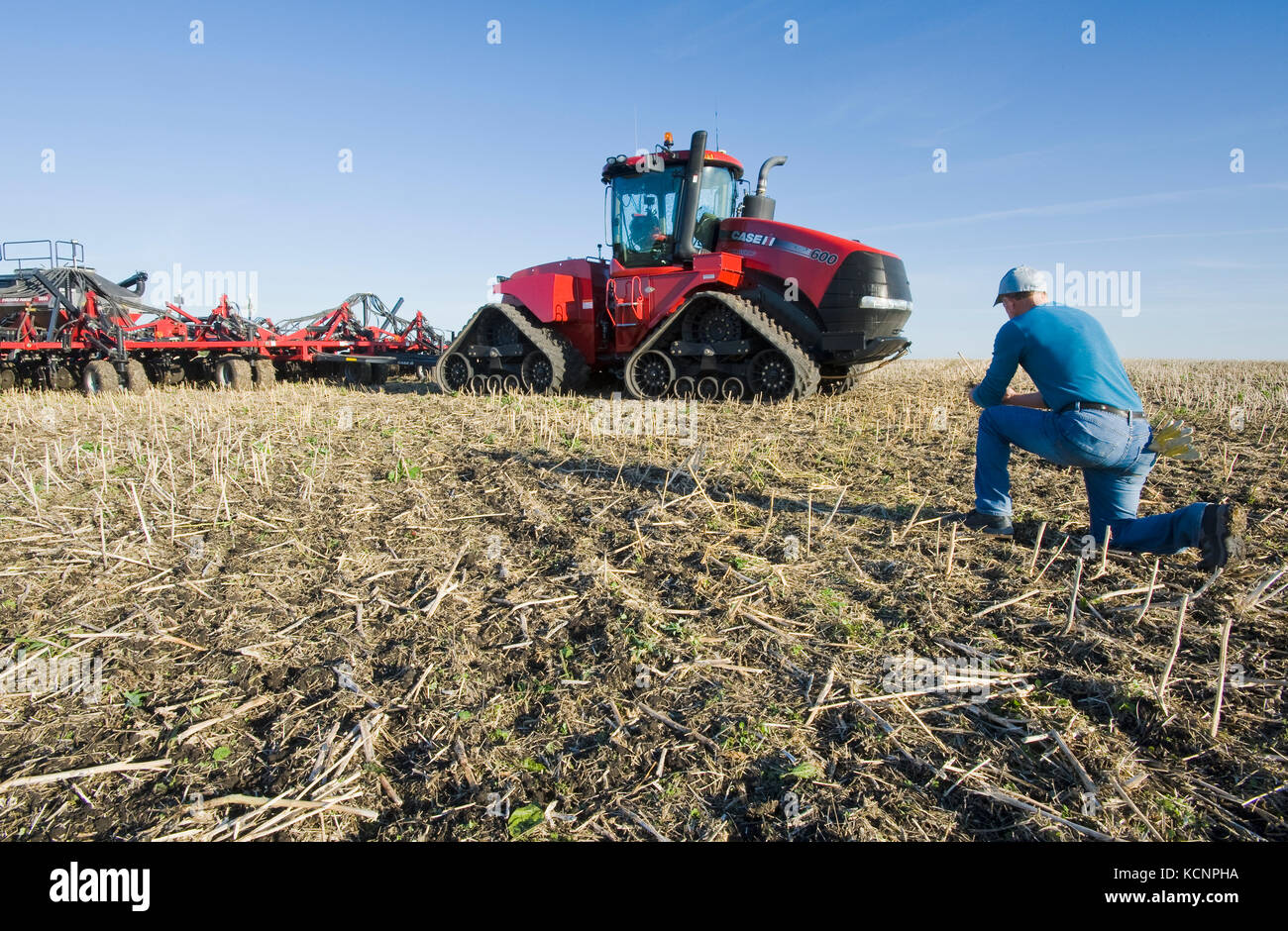 Bauer im Feld mit einem Quad-Trac Traktor und pneumatische Sämaschine Aussaat Winterweizen in einem Null bis Feld im Hintergrund, in der Nähe von Lorette, Manitoba, Kanada Stockfoto