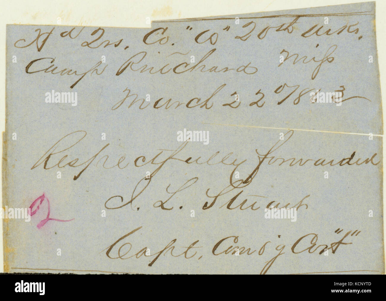 Fragment des Dokuments mit Aufschriften von j.l. Stuart und D.W. Jones, April 1863 Stockfoto
