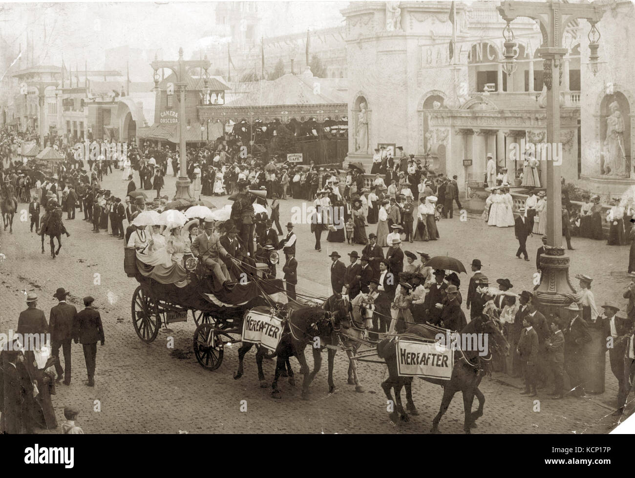 Beförderung das Lager Anzeichen für das Jenseits Attraktion fahren auf der Hauptverkehrsstraße von der Pike auf der World's Fair 1904 Stockfoto