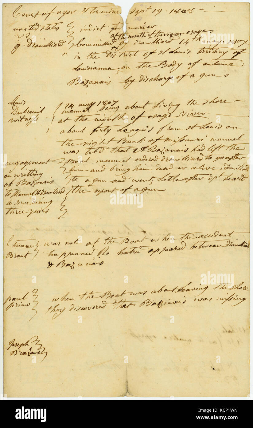 Gericht Papiere für United States v. g. Drouillard, 19. September 1808 Stockfoto