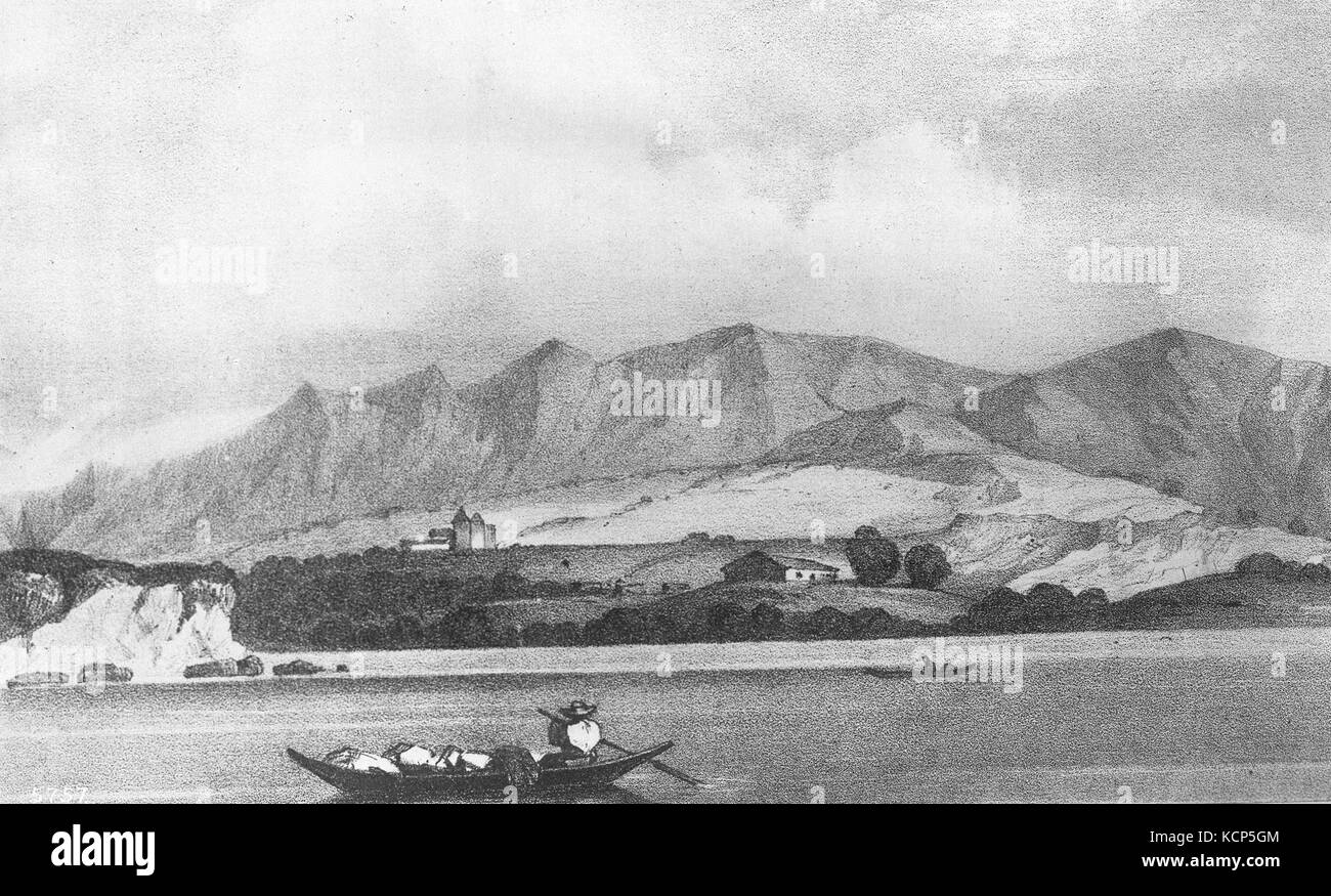 Eine Zeichnung von J.A. Pinto, die Mission Santa Barbara aus der Bucht zeigt. Das zwischen 1840 und 1880 entstandene Kunstwerk bietet eine historische Perspektive auf die ikonische kalifornische Mission. Stockfoto