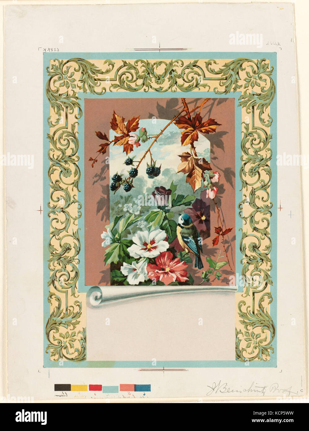Blumenmotiv mit Vogel und Brombeeren (Boston Public Library) Stockfoto