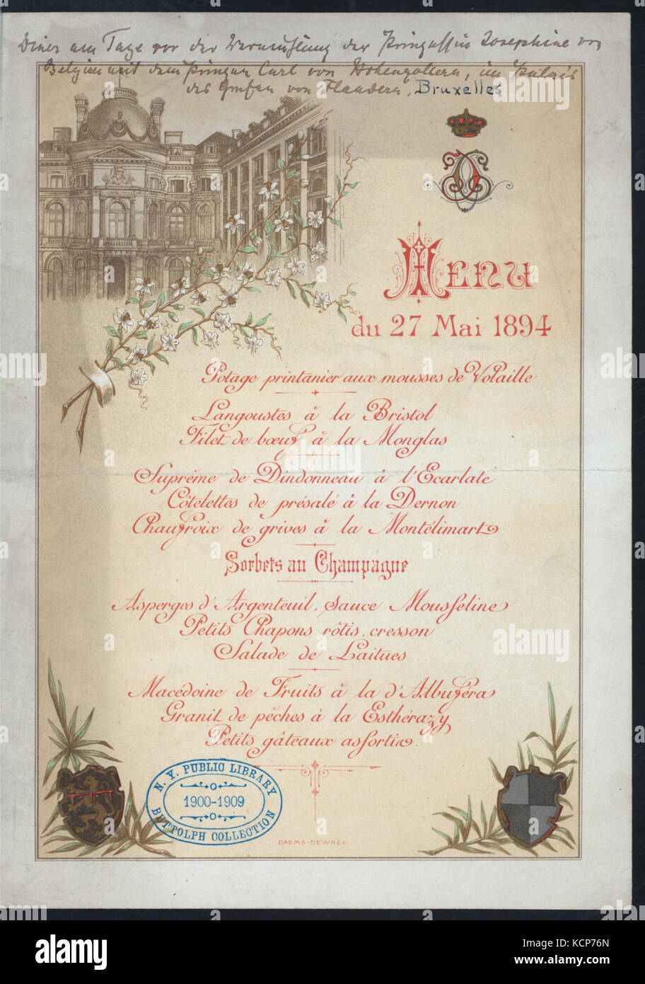 Abendessen AM VORABEND DER HOCHZEIT VON PRINZESSIN JOSEPHINE VON BELGIEN UND PRINZ KARL VON HOHENZOLLERN (von) LE COMTE DE FLANDRES (at) PALAST VON BRÜSSEL (AUSLÄNDISCHE ;) (NYPL Hades 270383 470091) Stockfoto