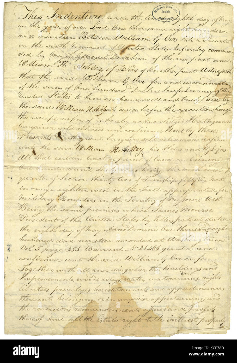 Brief von William G. Orr zu William H. Ashley, für 160 Morgen von Missouri militärischen Bounty Land für $ 100, 28. Mai 1819 Stockfoto