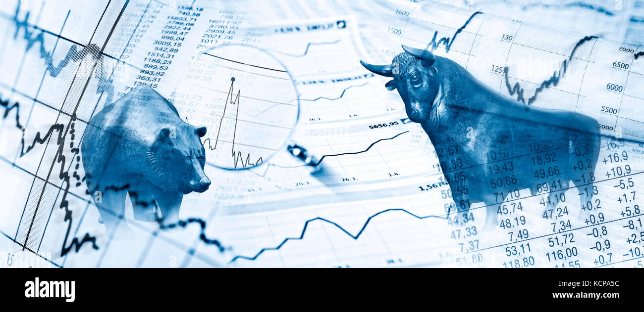 Bulle, Bär, Charts und Stock Charts als Symbole für die Börse Stockfoto