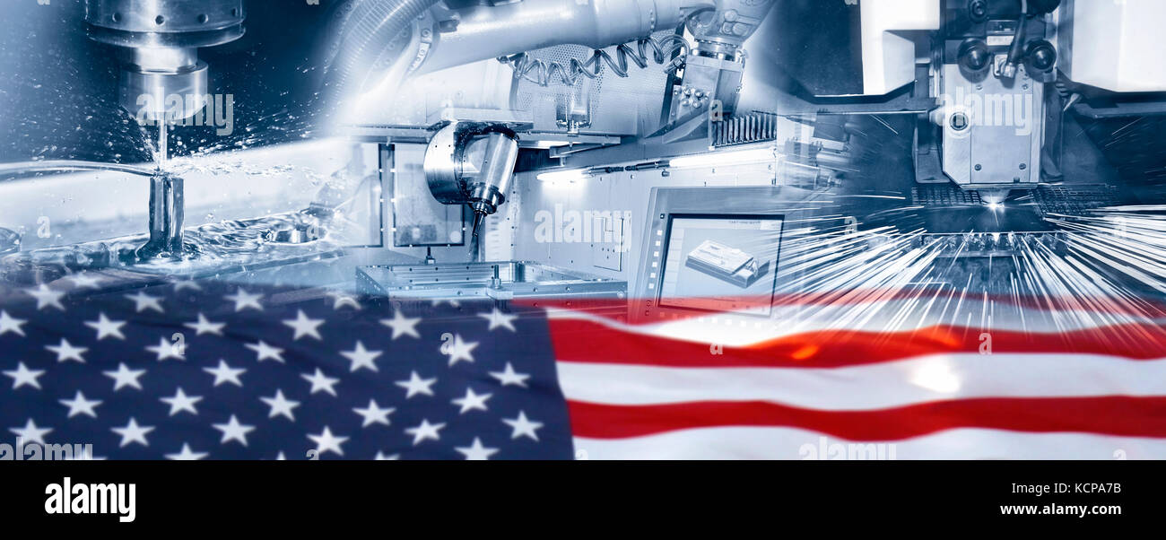 Die industrielle Produktion und die amerikanische Flagge Stockfoto