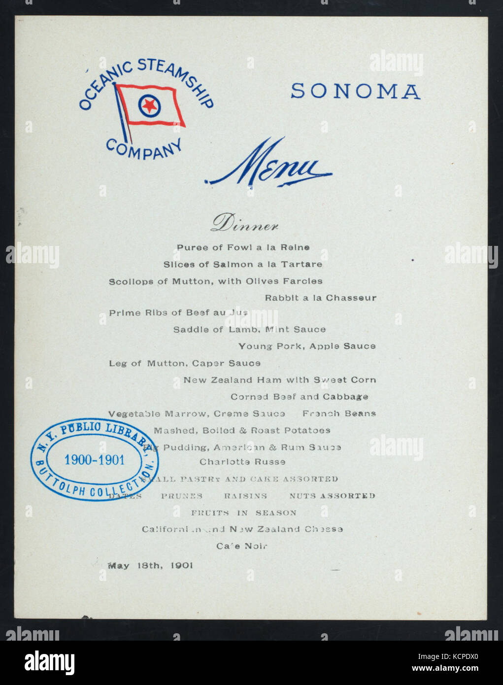 Ein Abendessen von der Oceanic Steamship Company aus dem Jahr 1901 an Bord der SS Sonoma, Teil der Buttolph Collection in der New York Public Library. Stockfoto
