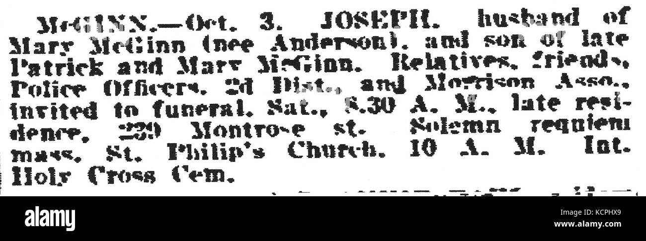 Detective Joseph Patrick McGinn Beerdigung Bekanntmachung im Philadelphia Inquirer am 6. Oktober 1920 Stockfoto