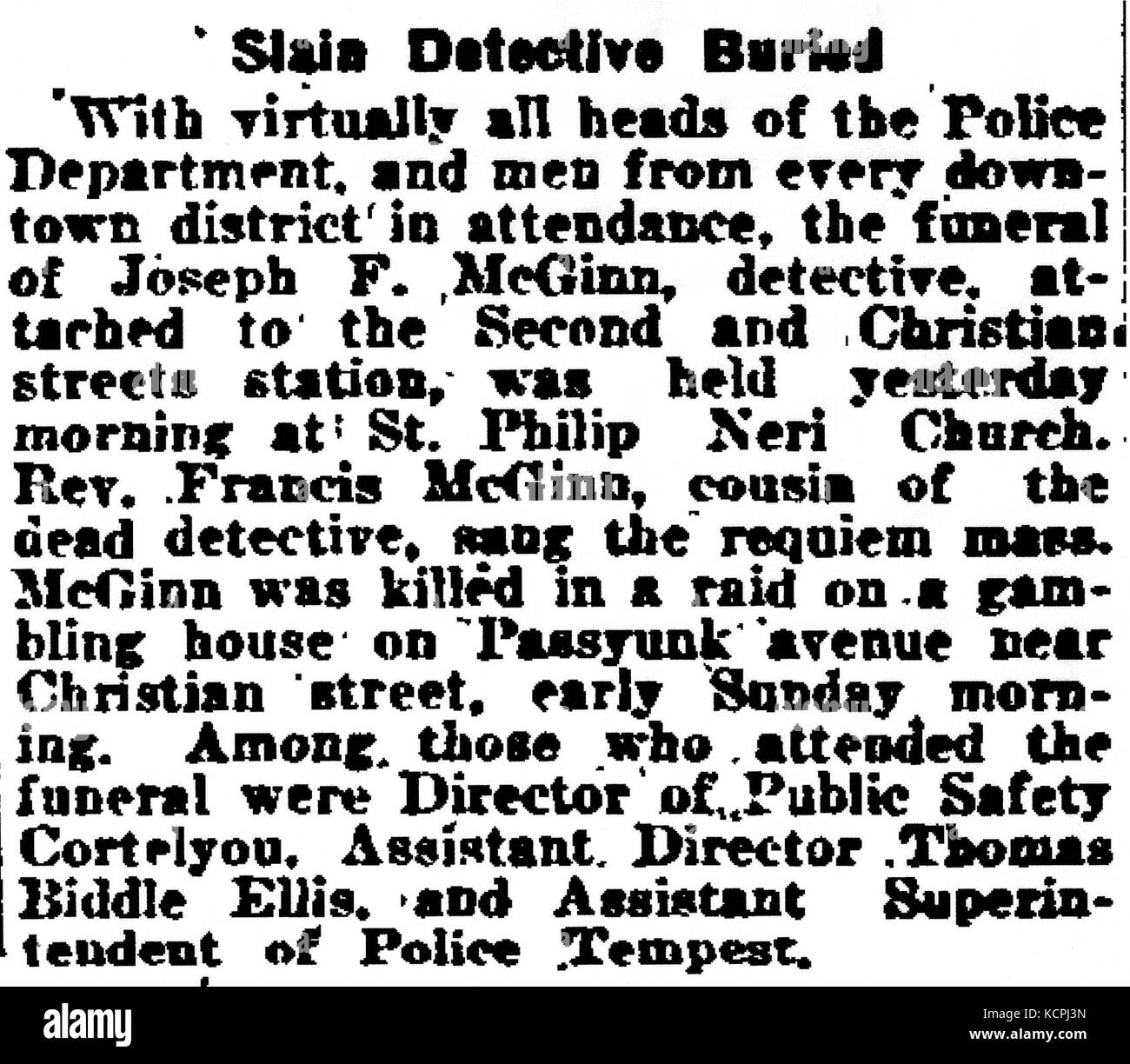 Detective Joseph Patrick McGinn Beerdigung im Philadelphia Inquirer am 10. Oktober 1920 Stockfoto