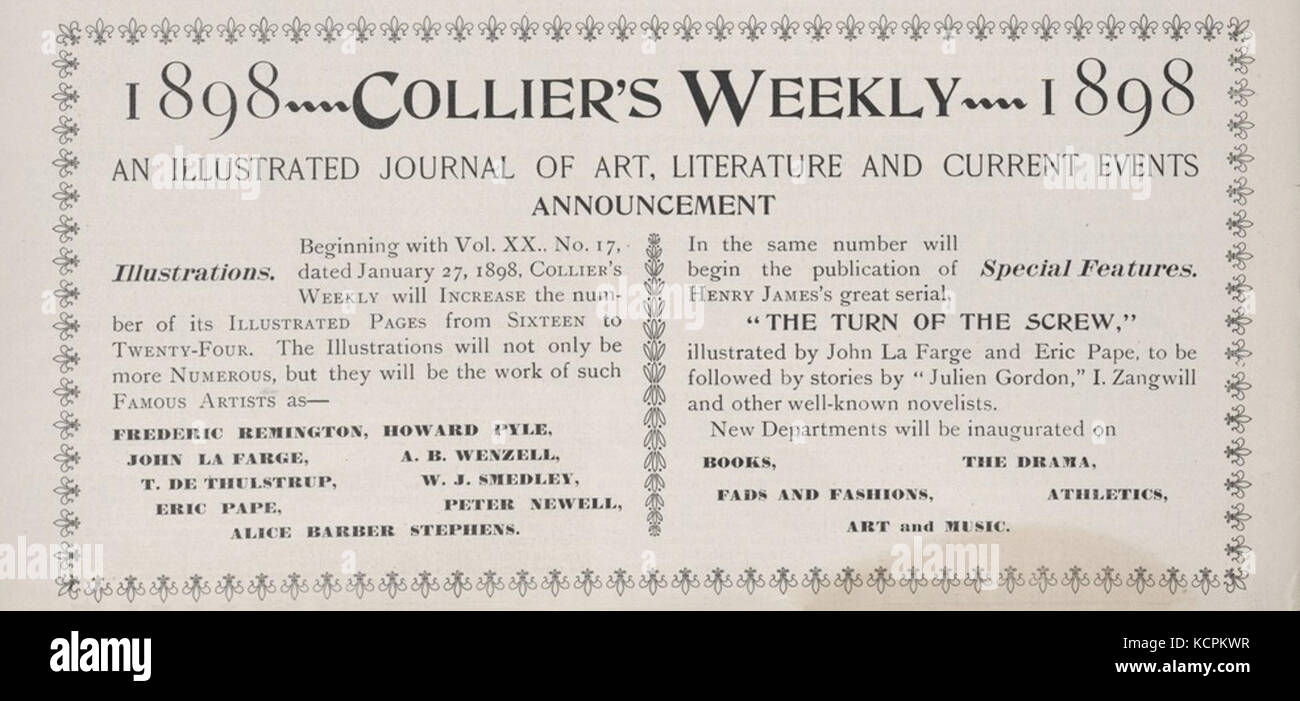 Die Werbung des Collier 1898 spiegelt die Werbetrends des späten 19. Jahrhunderts wider. Die Anzeige erfasst die Stile und Botschaften, die in Printmedien verwendet werden, um Verbraucher während des Zeitraums anzuziehen. Stockfoto