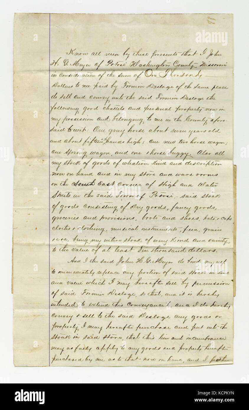 Sicherungsübereignung unterzeichnet J.H.G. Heyer und F. Desloge, Potosi, Washington County, 20. Januar 1870 Stockfoto
