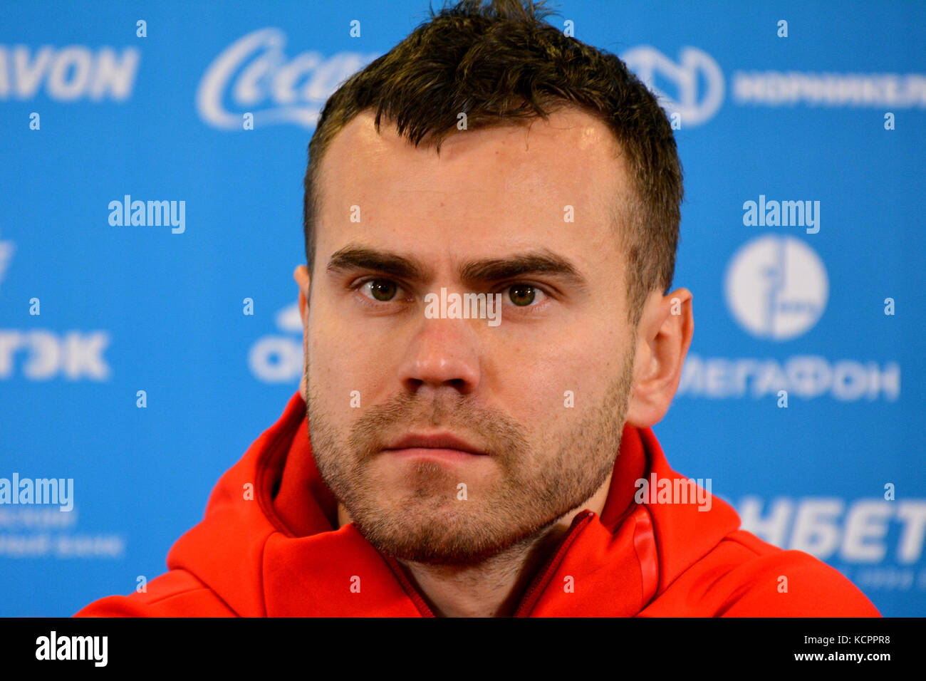 Der Torwart der russischen Fußballnationalmannschaft Igor Akinfeev bei der Pressekonferenz im Stadion der VEB Arena in Moskau vor dem internationalen Testspiel gegen Südkorea. Stockfoto