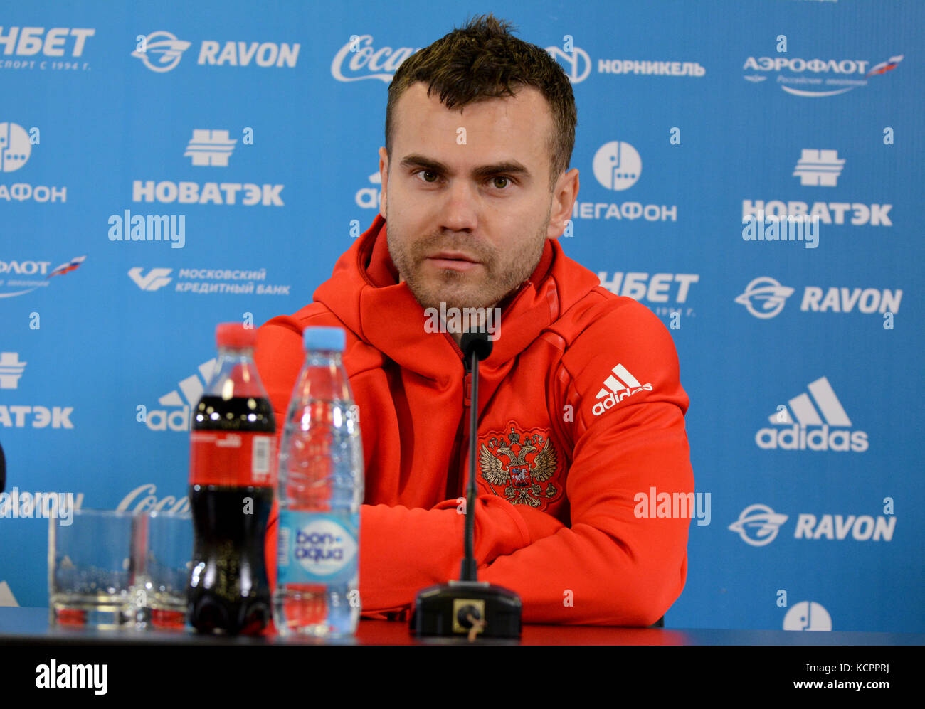 Der Torwart der russischen Fußballnationalmannschaft Igor Akinfeev bei der Pressekonferenz im Stadion der VEB Arena in Moskau vor dem internationalen Testspiel gegen Südkorea. Stockfoto