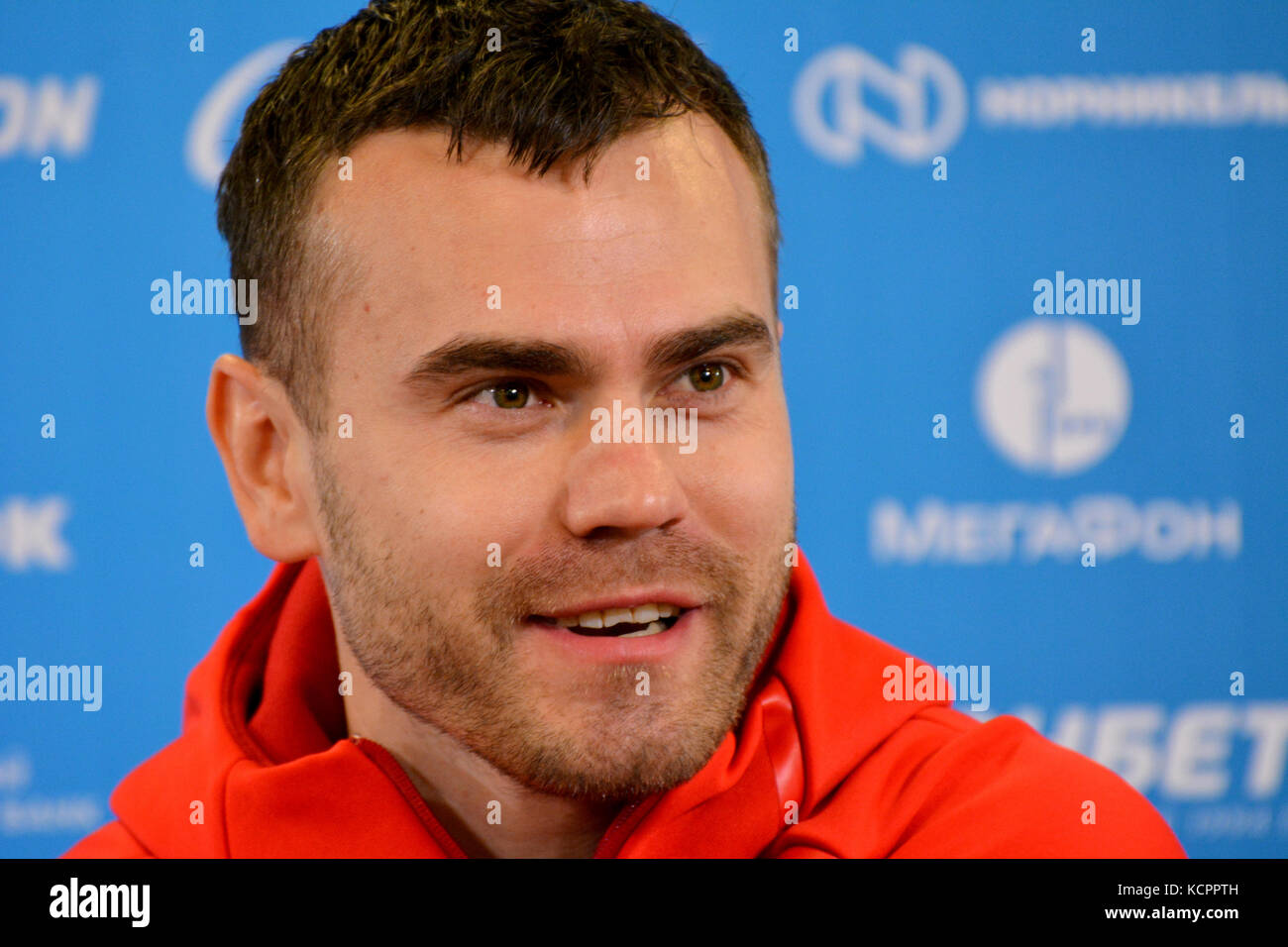 Der Torwart der russischen Fußballnationalmannschaft Igor Akinfeev bei der Pressekonferenz im Stadion der VEB Arena in Moskau vor dem internationalen Testspiel gegen Südkorea. Stockfoto