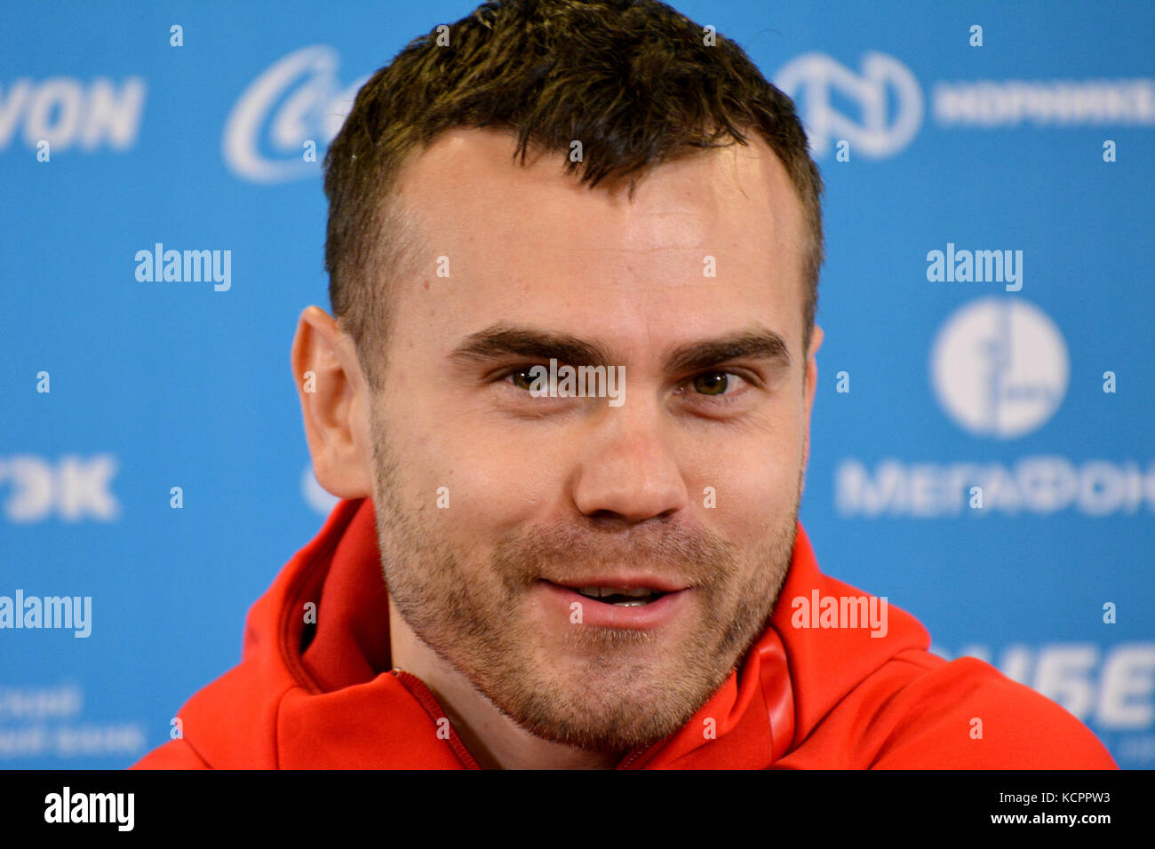 Moskau, Russland. 6th Oktober 2017. Der Torwart der russischen Fußballnationalmannschaft Igor Akinfeev bei der Pressekonferenz im Stadion der VEB Arena in Moskau vor dem internationalen Testspiel gegen Südkorea. Stockfoto