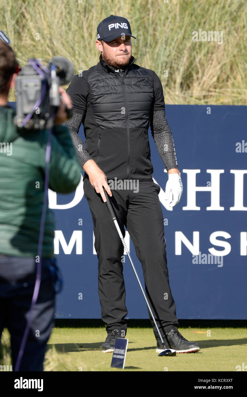 St Andrews, Schottland, Vereinigtes Königreich. 07 Okt, 2017. Tyrell Hatton unterhält eine dominierende Leitung, wie er sich vorbereitet auf die kingsbarns Kurs in der Endphase der Alfred Dunhill Links Championship zu fahren, dritte Runde, Kredit: ken Jack/alamy leben Nachrichten Stockfoto