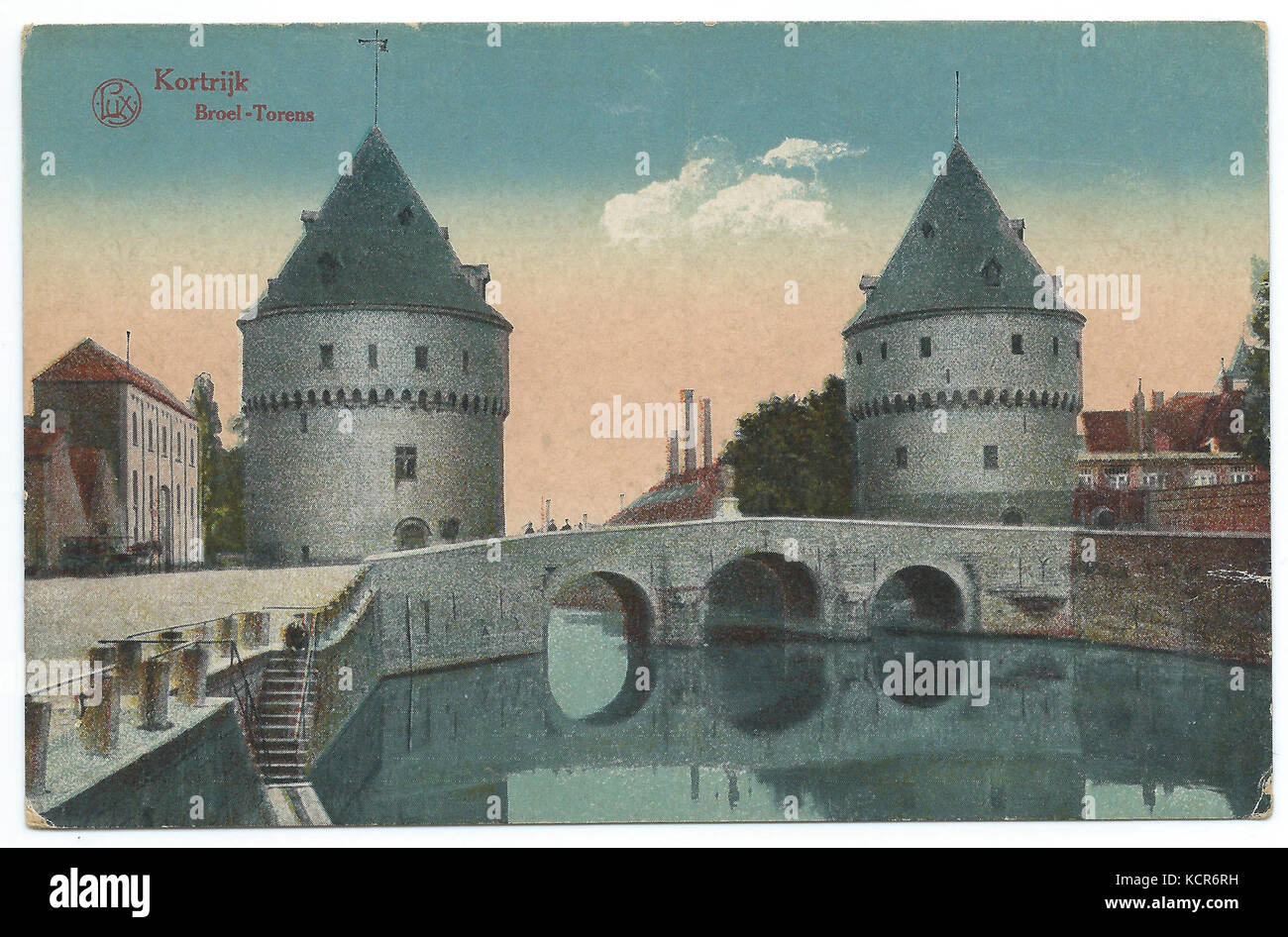 Briefkaart Broeltorens Kortrijk Stockfoto