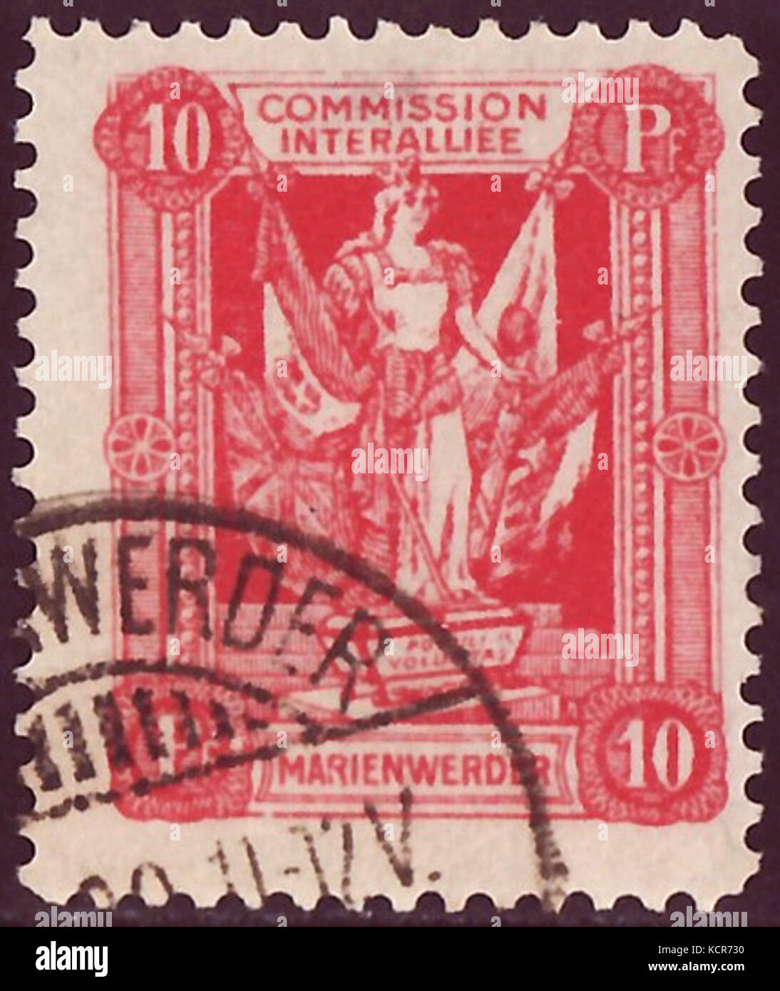 Dieses Bild bezieht sich auf eine Briefmarke aus dem DRAbstG von 1920, die sich auf die Volksabstimmung in Marienwerder bezieht. Es zeigt einen Schlüsselmoment der deutschen Geschichte, der politische Entwicklungen und territoriale Veränderungen nach dem Ersten Weltkrieg widerspiegelt. Stockfoto