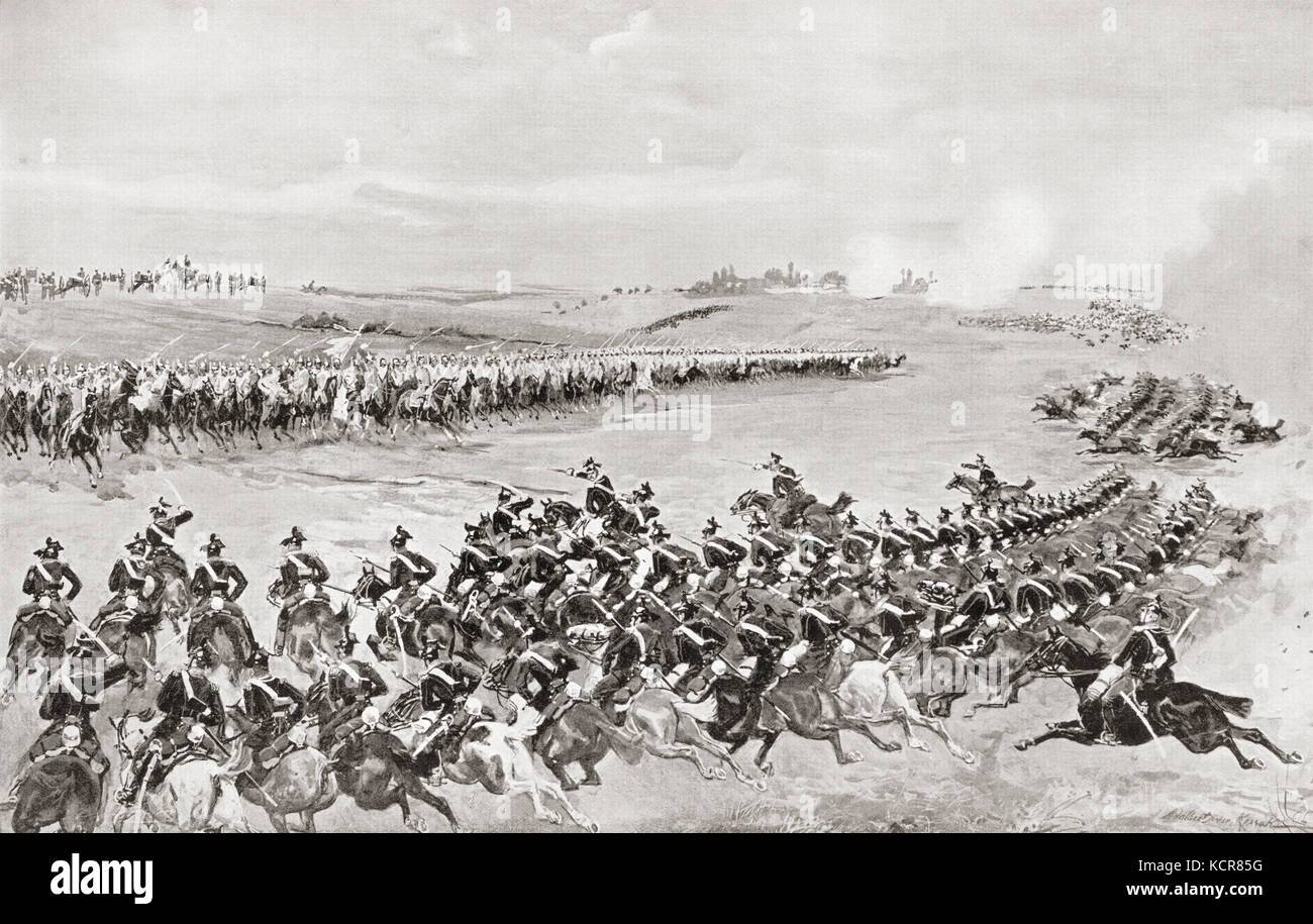 Preußische und österreichische Kavallerie in der Schlacht von Königgrätz, auch bekannt als Schlacht von Sadowa, Sadová oder Hradec Králové, 3. Juli 1866. Es war die entscheidende Schlacht des Österreich-Preußischen Krieges und führte zur Niederlage des österreichischen Reiches durch das Königreich Preußen. Aus Hutchinson's History of the Nations, erschienen 1915. Stockfoto