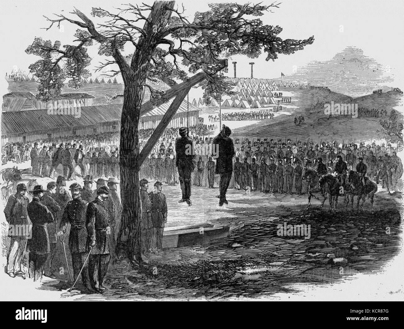 Ausführung durch Aufhängen von zwei Rebel Spione Williams und Peters in der Armee des Cumberland Juni 9. Stockfoto
