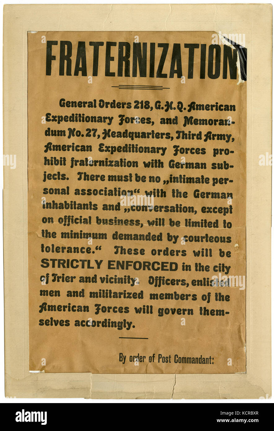 Allgemeine Aufträge 218, GHQ American Expeditionary Forces, verbietet der Amerikanischen fraterization Solidiers mit Deutschen, Ca. 1918 Stockfoto