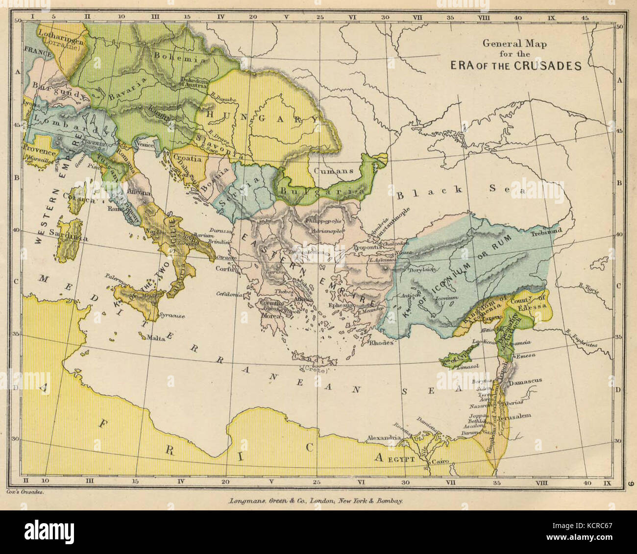 Dieses Bild aus dem Jahr 1905 zeigt Szenen im Zusammenhang mit den Kreuzzügen und zeigt historische Darstellungen mittelalterlicher Kriegsführung, religiöser Konflikte und territorialer Expansion im Mittelalter. Stockfoto