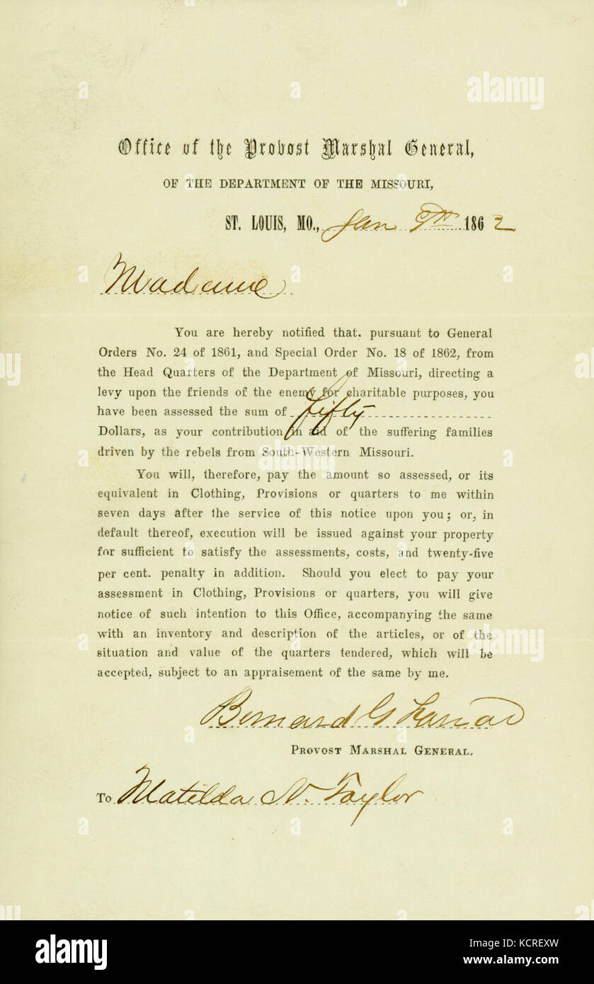 Bewertung erteilt Matilda N. Taylor durch Provost Marshal, Bernard G. Farrar, in St. Louis, 9. Januar 1862 Stockfoto