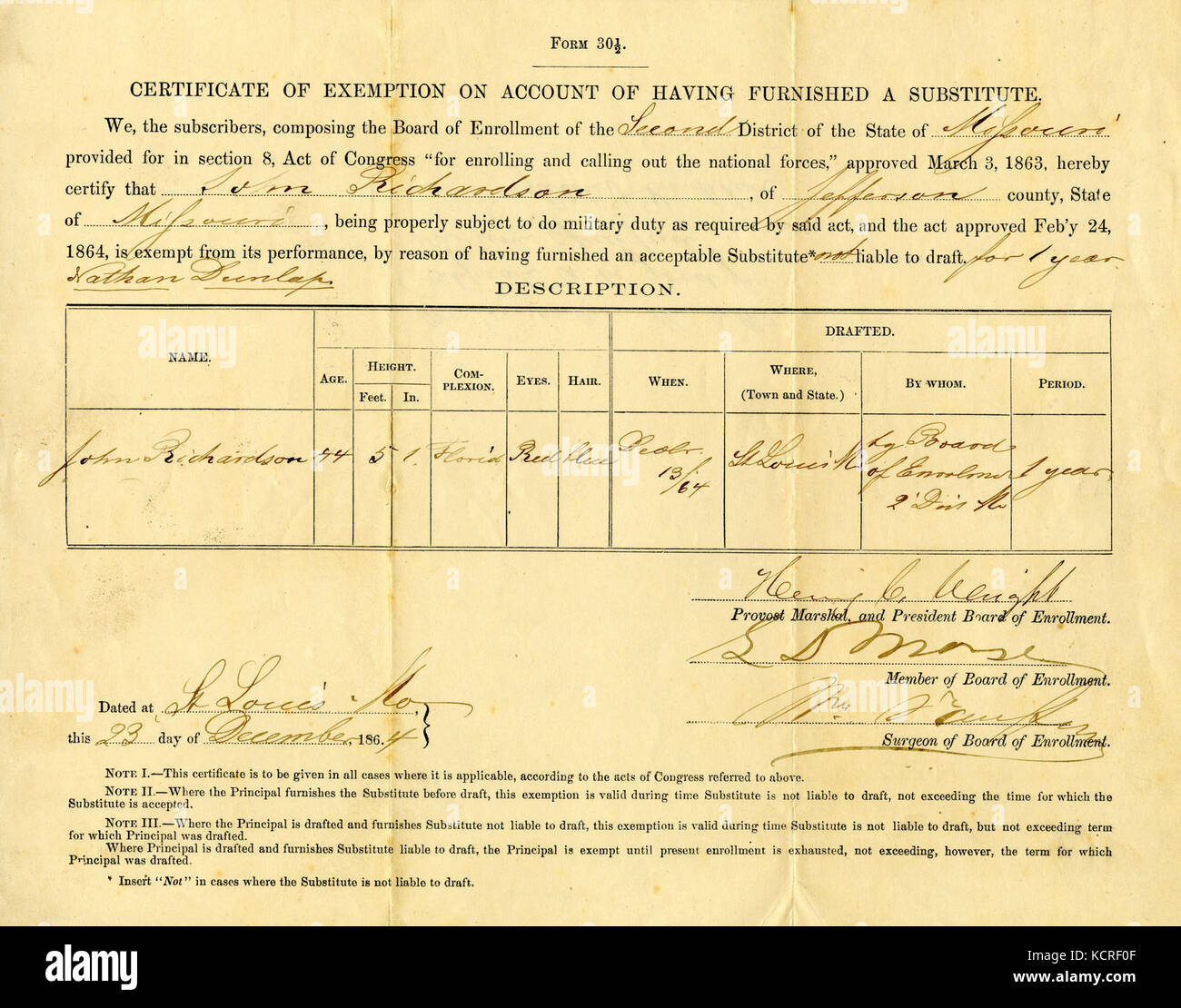 Bescheinigung über die Freistellung von John Richardson auf einen Ersatz eingerichtet, 23. Dezember 1864 Stockfoto