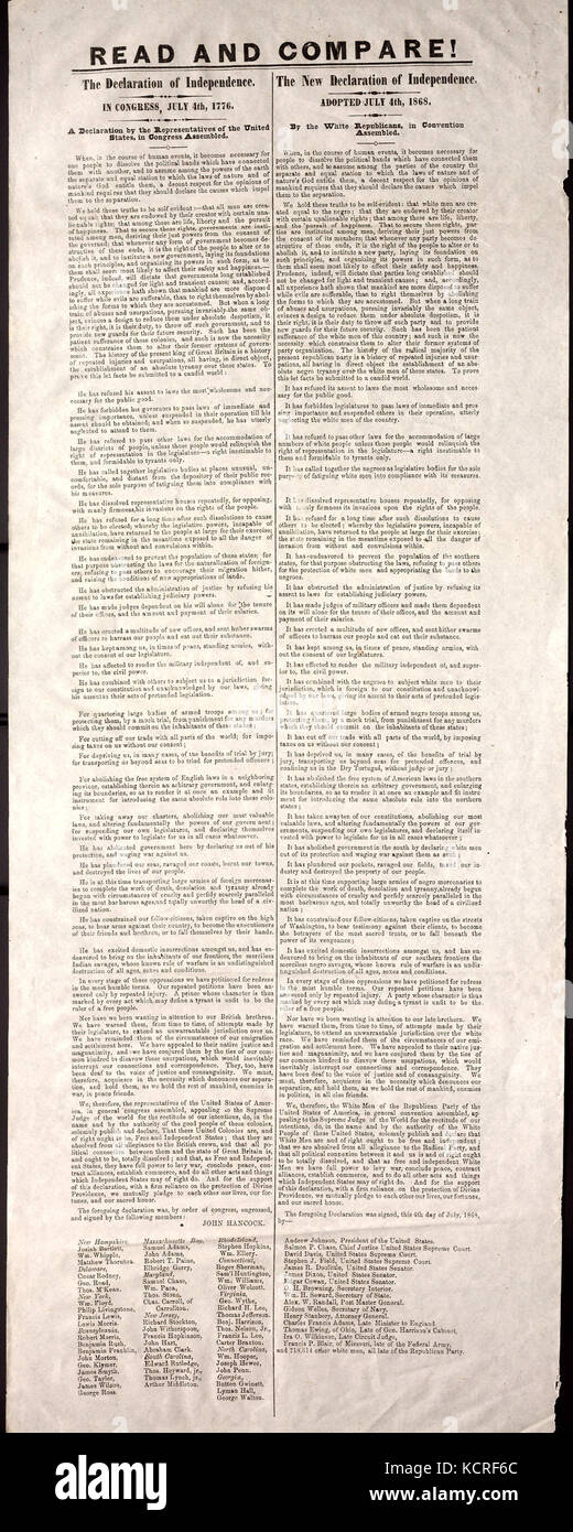 Breitseite Lesen und Vergleichen Sie! Die Unabhängigkeitserklärung und die neue Erklärung der Unabhängigkeit, die von den Weißen Republikanische Partei in Übereinkommen angenommen, 4. Juli 1868 Stockfoto