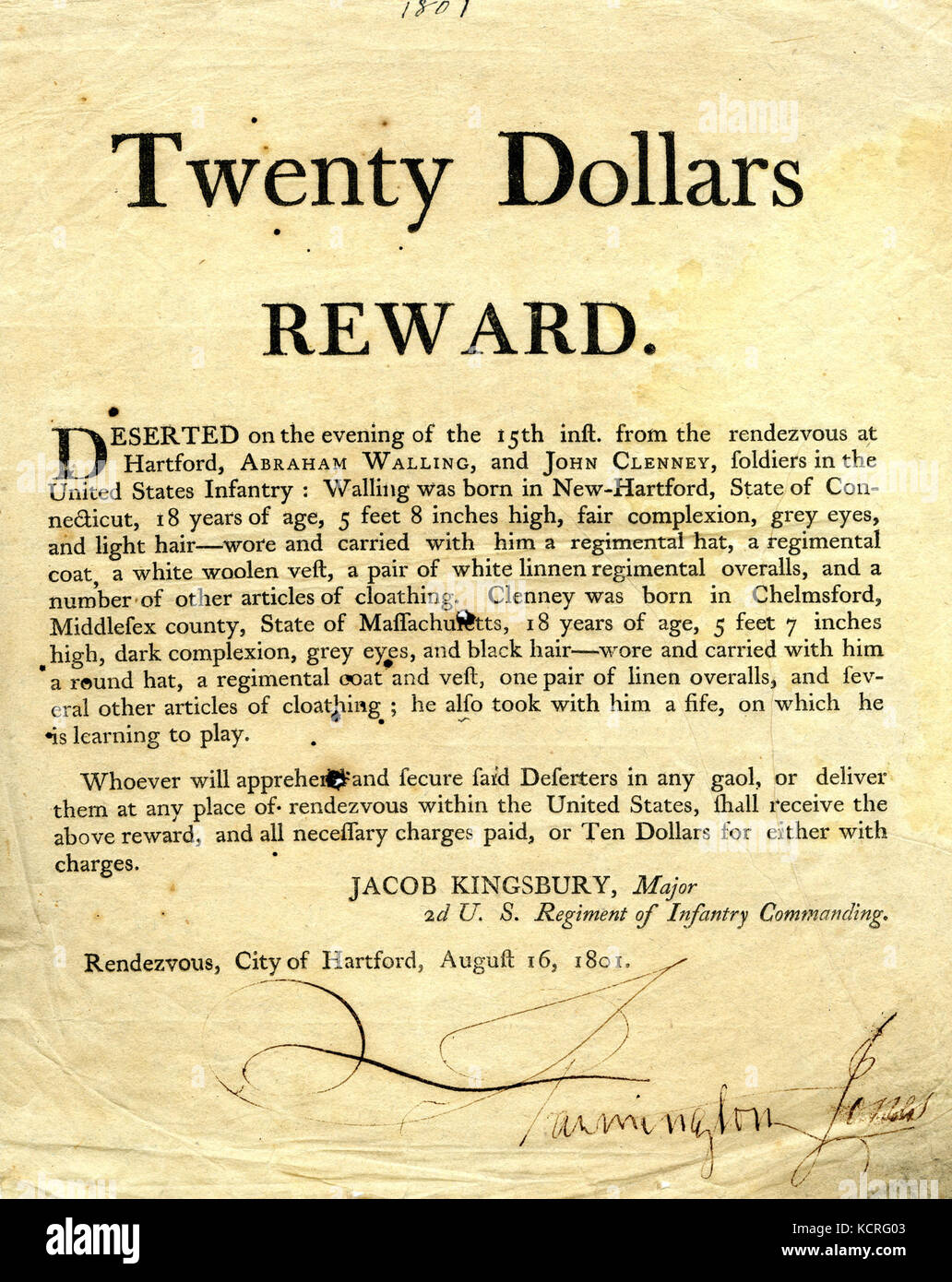 Rundschreiben der Großen Jakob Kingsbury, 2 US-Infanterie, Rendezvous, Stadt von Hartford, 16. August 1801 Stockfoto