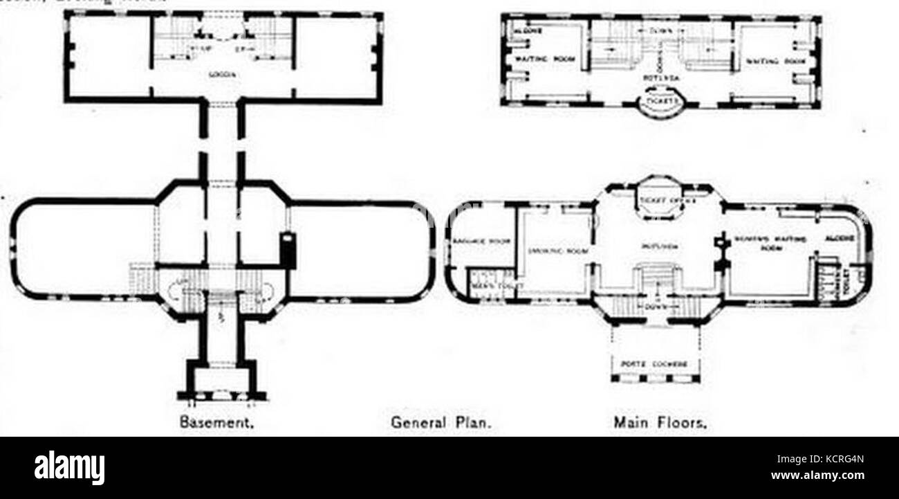 Dieser allgemeine Plan des Bahnhofs Brockton bietet einen Überblick über das Layout und hebt wichtige Bereiche wie den Bahnsteig, die Warteräume und die Bahnhofseinrichtungen hervor. Das Design spiegelt die funktionalen Aspekte eines Verkehrsknotenpunktes wider. Stockfoto