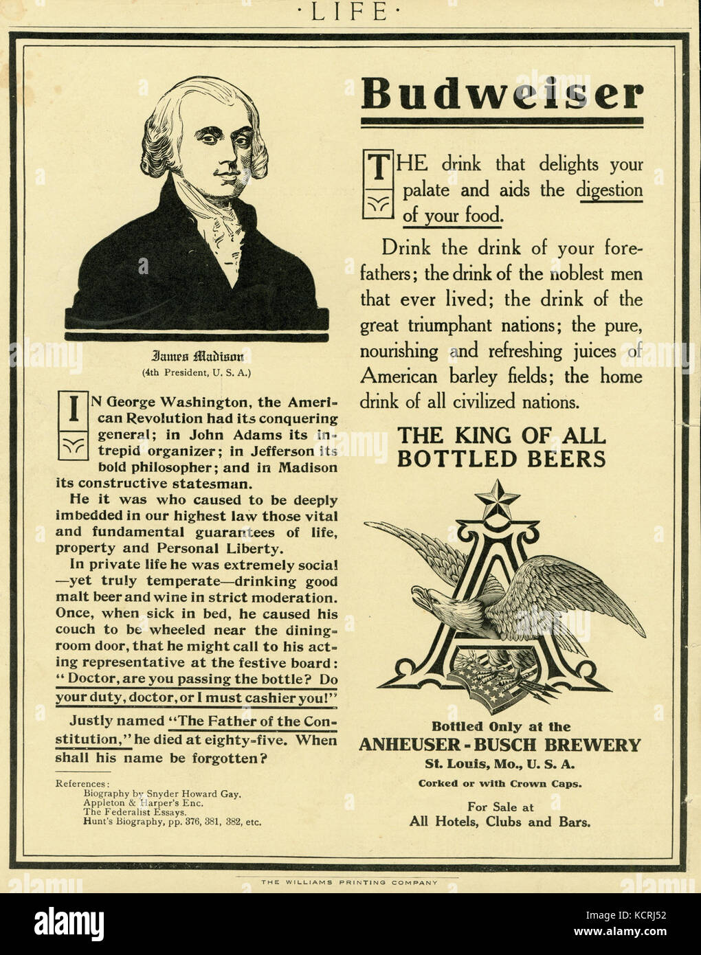 Budweiser. Das Getränk, dass verwöhnt Ihre Gaumen und hilft bei der Verdauung von Nahrungsmitteln Stockfoto